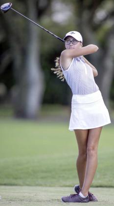 Ponte Vedra girls golfer Sara McKevitt hits a tee shot during a tri-match with Columbia and Buccholz at The Pointe vedra Inn and Club Ocean Course. McKevitt carded a 40 in the match. (photo by David Rosenblum)